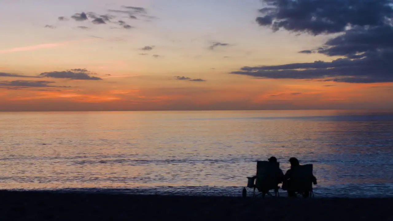 Couple sitting in chairs on beach watching sunset