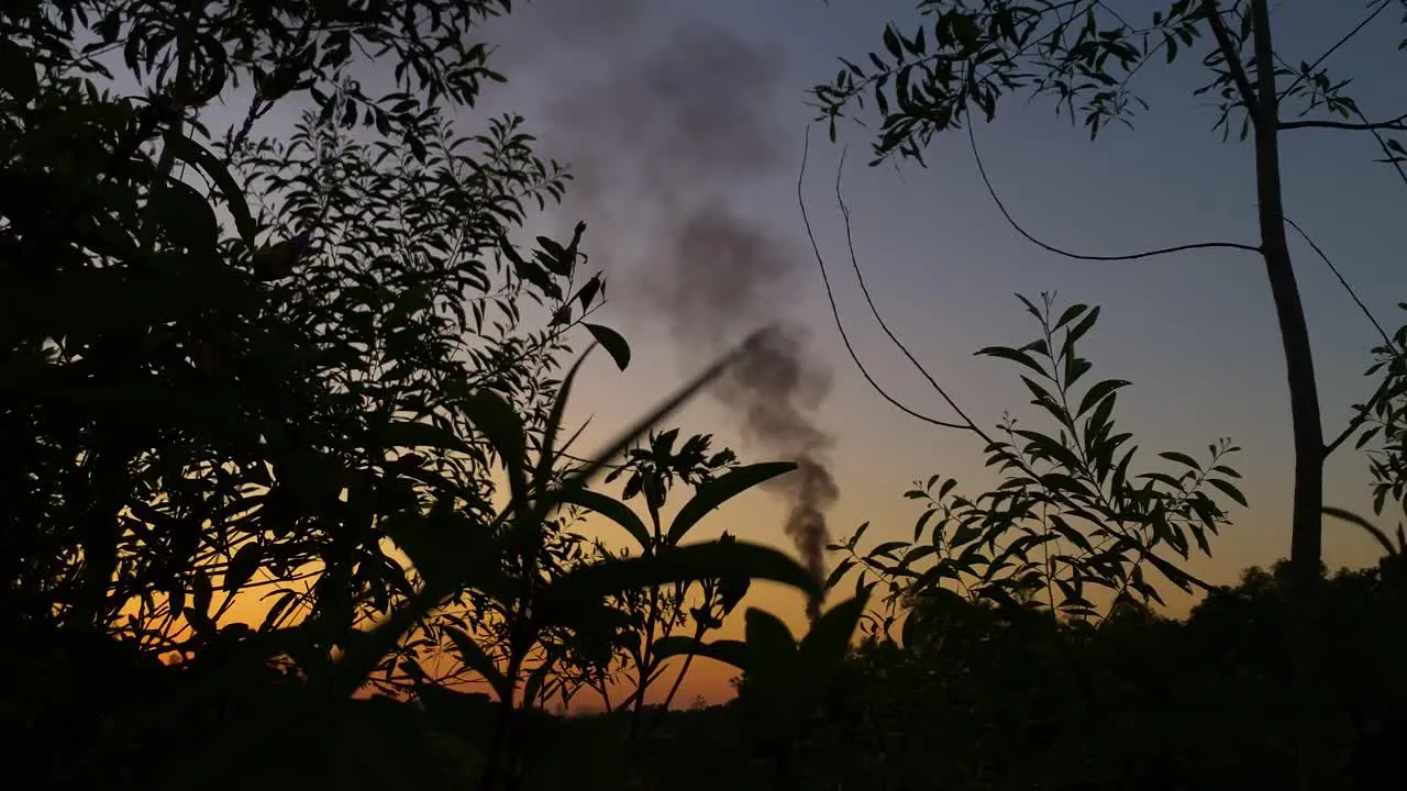 Chimney stack emitting black smoke into the atmosphere surrounded by nature