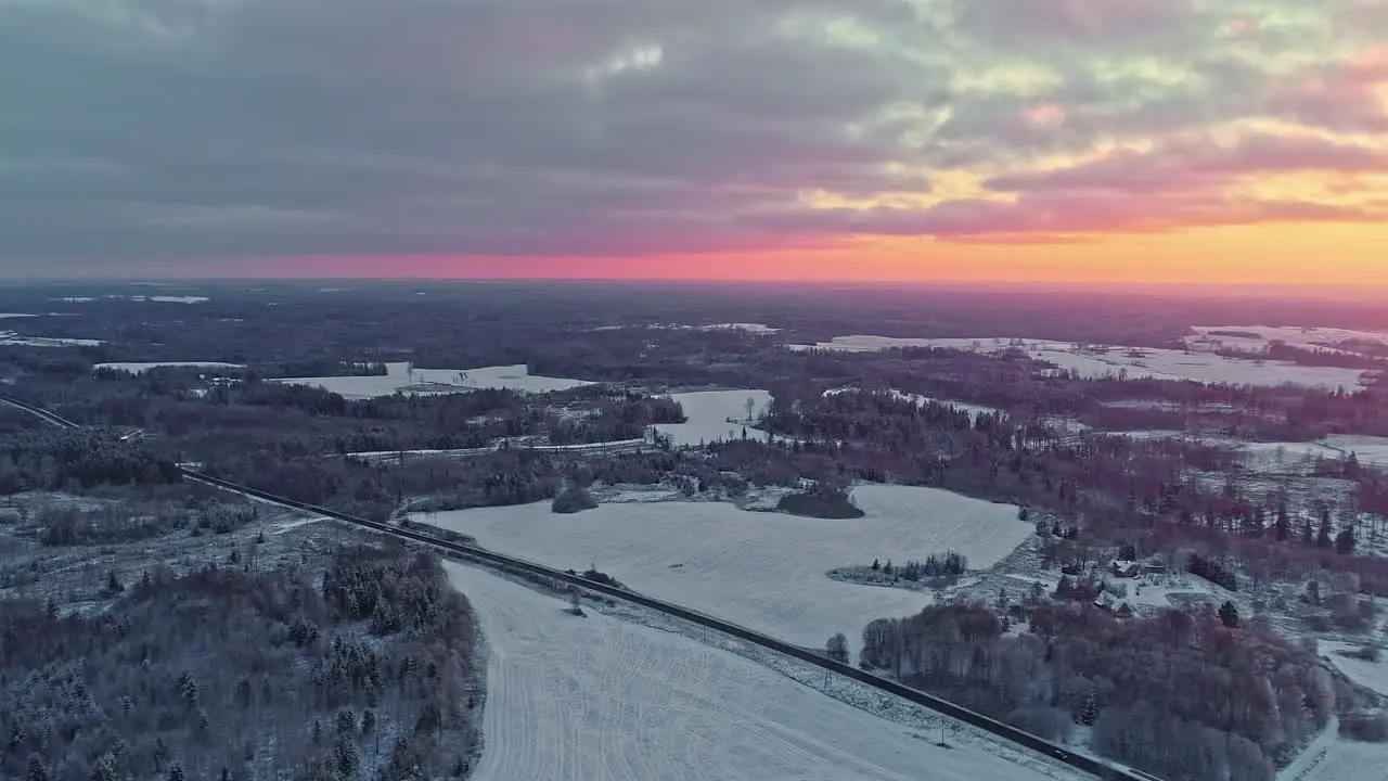 Aerial view winter landscape at sunset