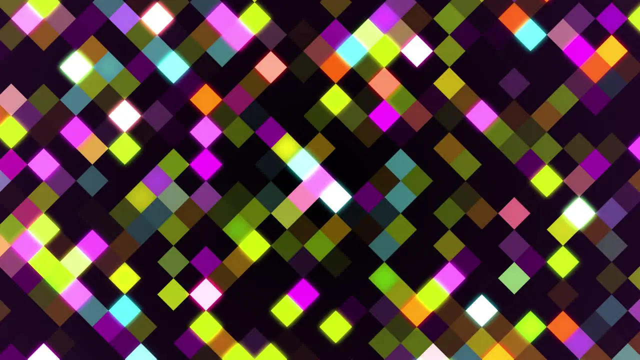 Diagonal colorful grid of flickering luminous blocks