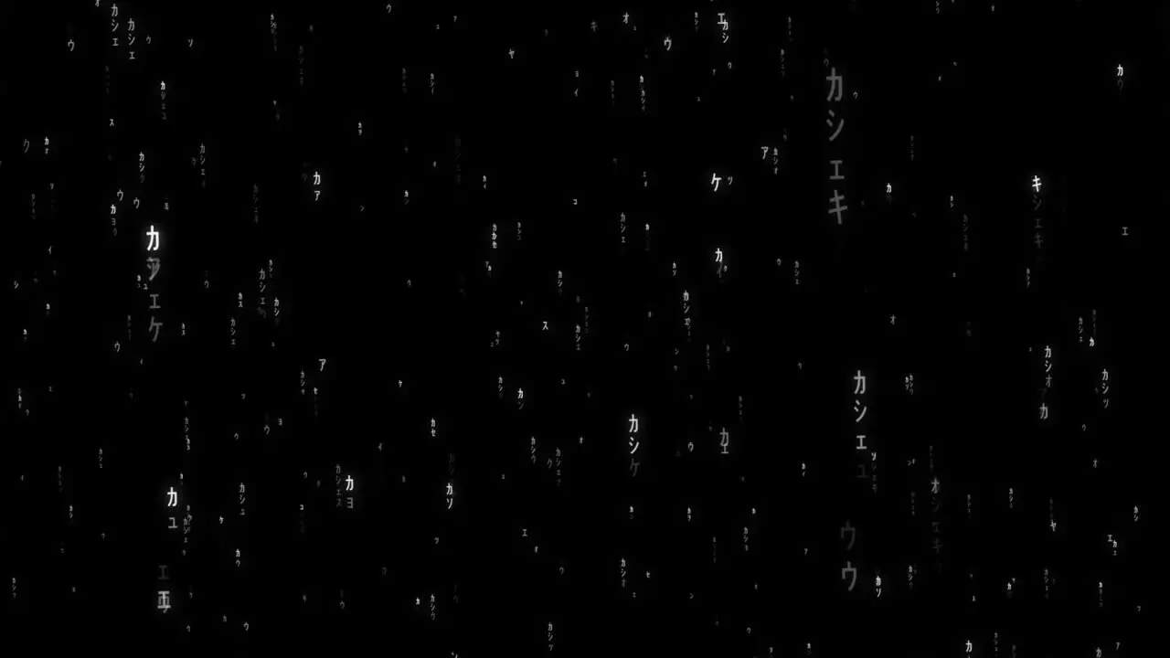 Digital animation of letters characters and particles moving in matrix style matrix rain effect dark background good for overlays digital world concept