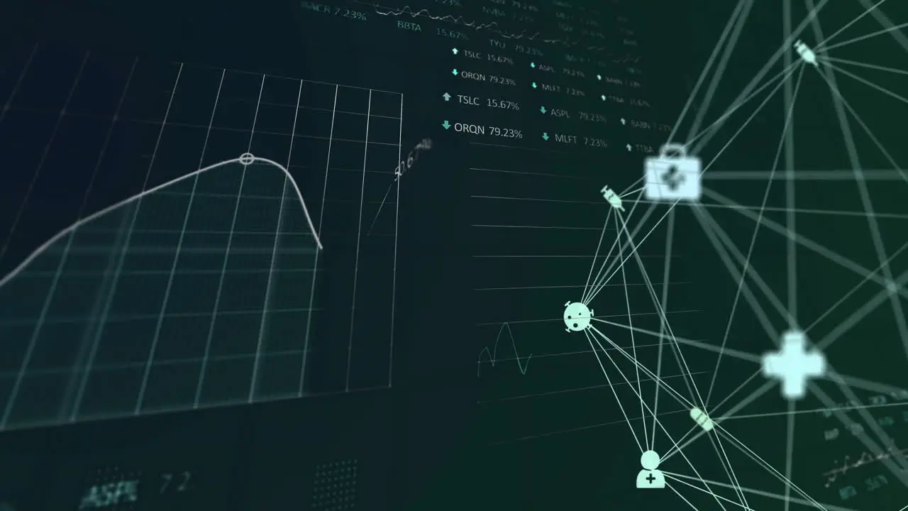 Animation of data processing and diagrams over media icons