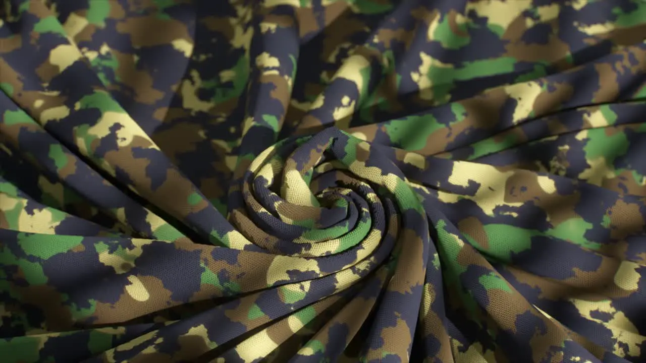 A Fabric Spiral with a Camouflage Pattern Twists Into a Dynamic and Textured 3D Animation