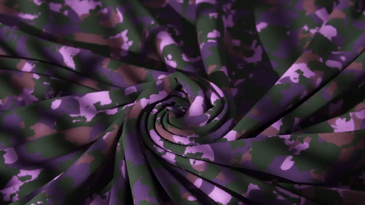 A Fabric Spiral with a Pink Camouflage Pattern Twists Into a Dynamic and Textured 3D Animation