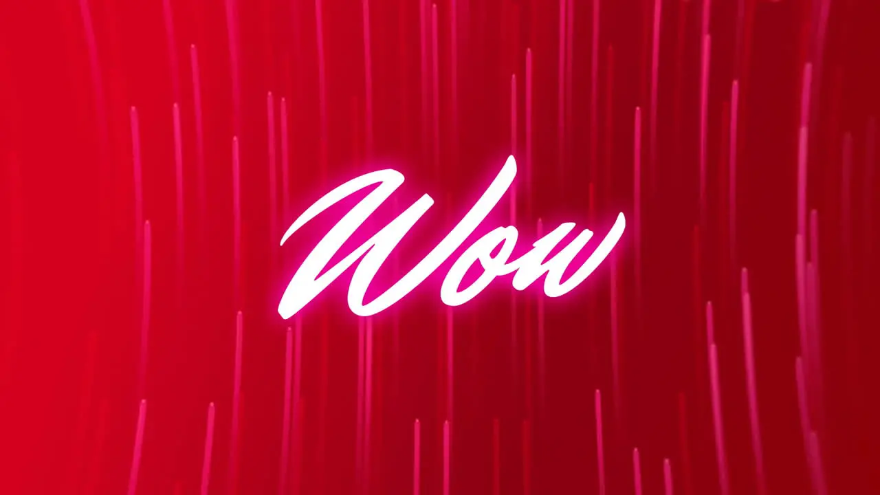 Animation of wow text in glowing pink over rising red light trails on red background