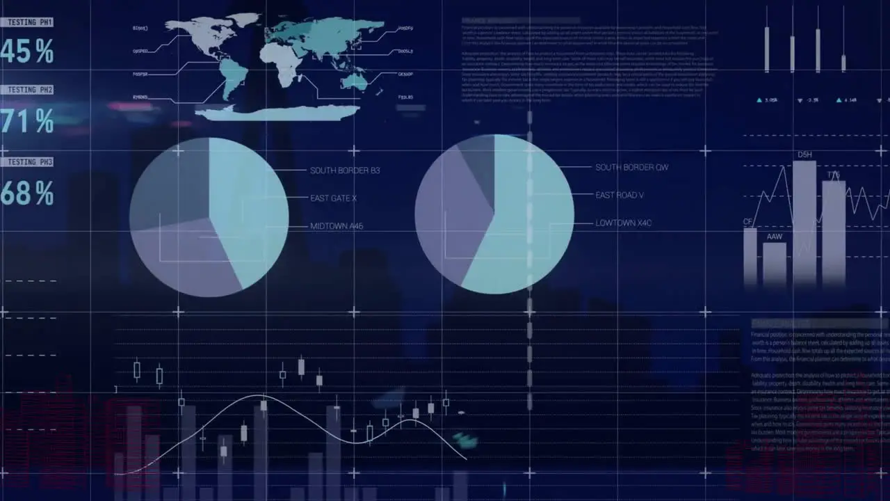 Animation of charts and graphs processing data over city buildings at night