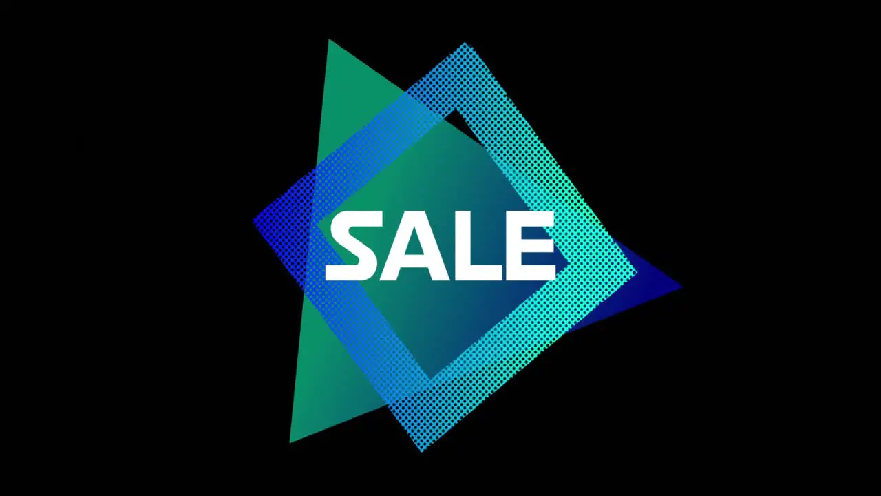 Word Sale appearing in front of blue square effect