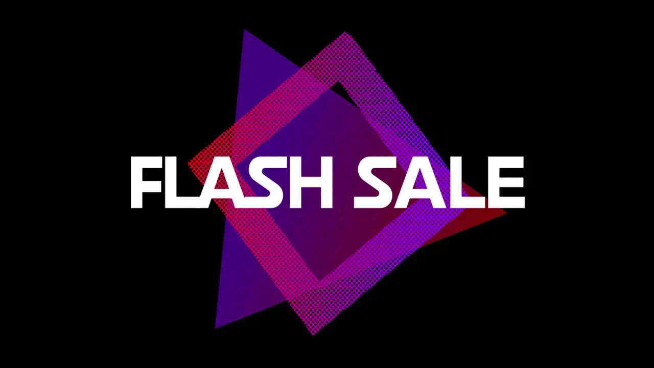 Words Flash Sale appearing in front of purple square against black screen 4k