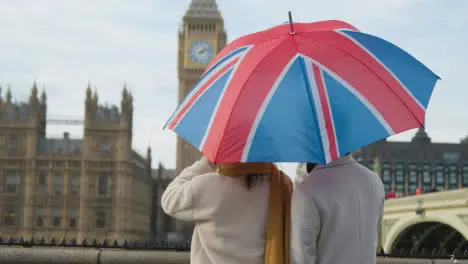 Couple On Holiday Taking Photo Of Houses Of Parliament In London UK Under Union Jack Umbrella