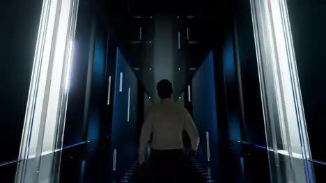 Digital Twin Man in Futuristic Office Interior Moving and Activating Hologram