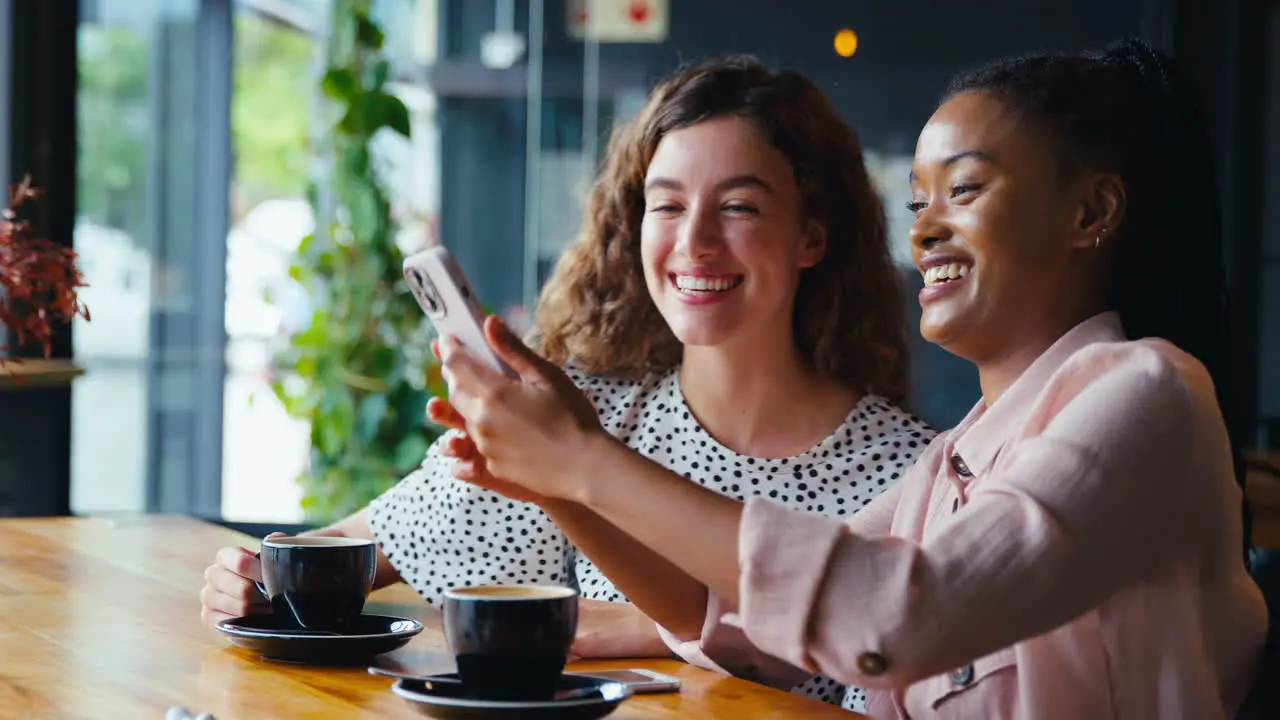 Two Young Female Friends Meeting In Coffee Shop And Posing For Selfie