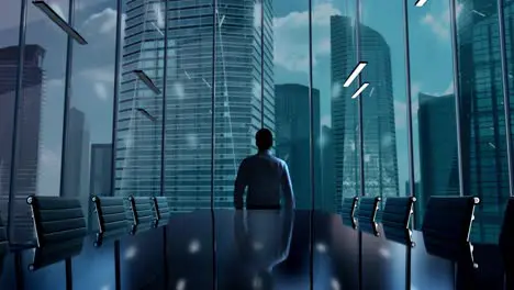 Open AI ChatGPT Businessman Working in Office among Skyscrapers Hologram Concept