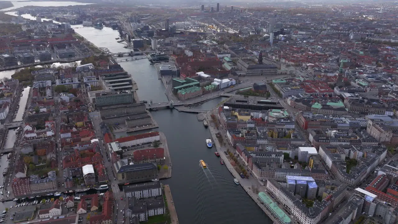 Aerial shot over central Copenhagen river