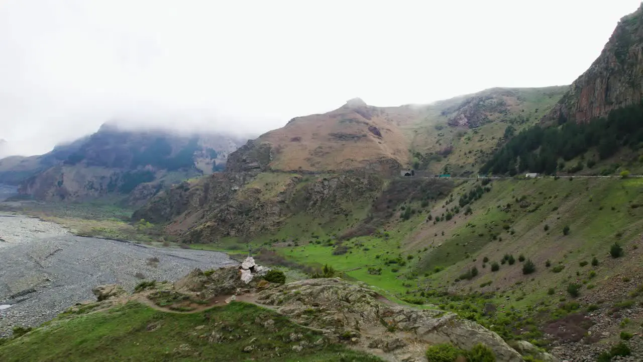 Tergi valley mountain pass Kazbegi Greater Caucasus landscape drone flight