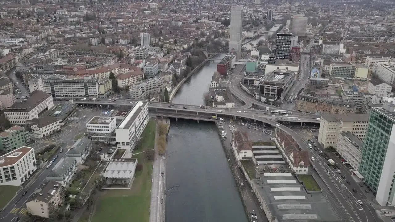 Drone revealing shot above Zürich city Switzerland 4k