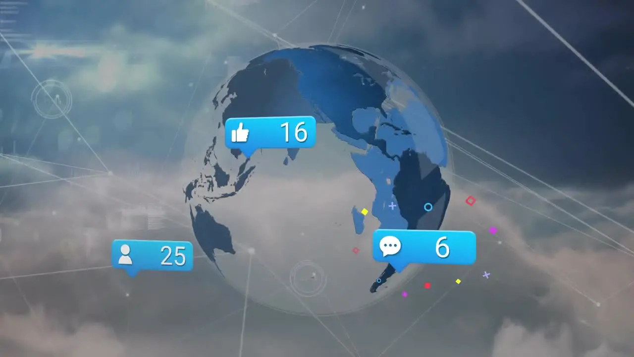 Animation of numbers and icons in message box over globe and connected dots against cloudy sky