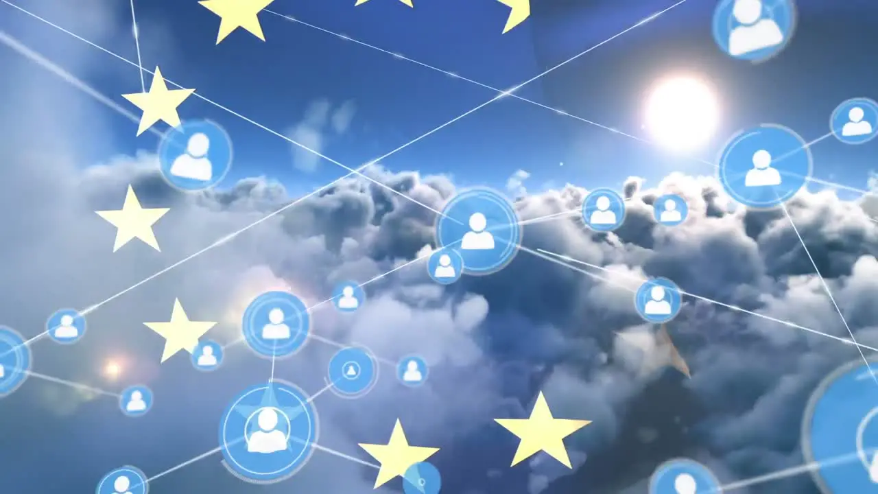 Animation of network of connection and icons over ue flag and cloudy sky