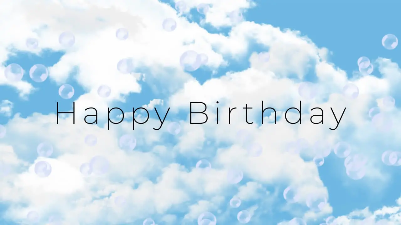 Animation of happy birthday text and soap bubbles over cloudy sky