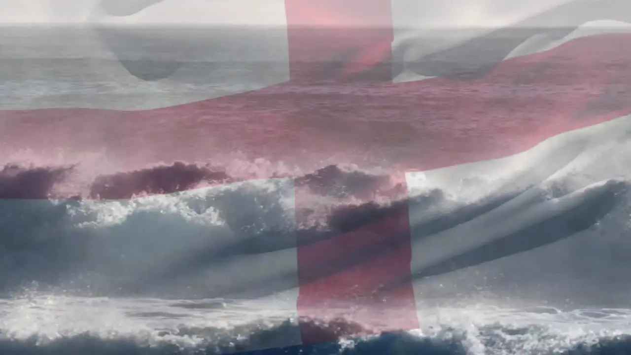 Animation of flag of england waving over cloudy sky and waves in sea