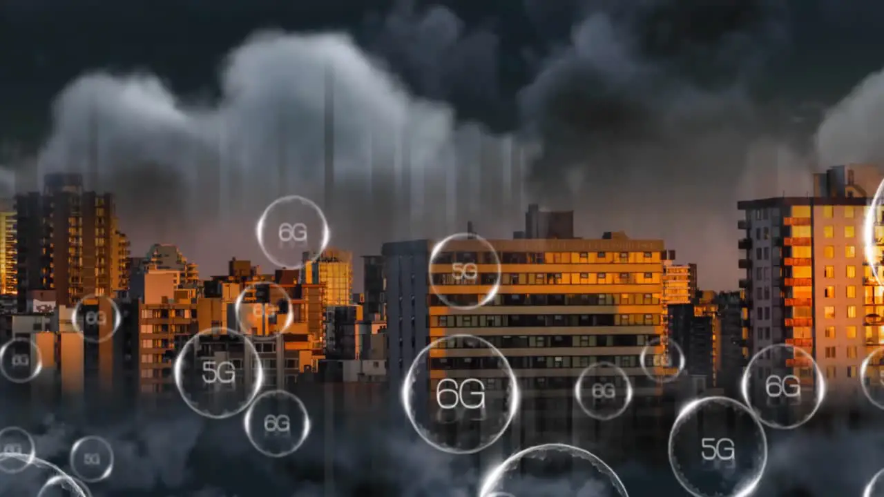 Animation of 6g and 5g text in circles moving over residential buildings in city under cloudy sky