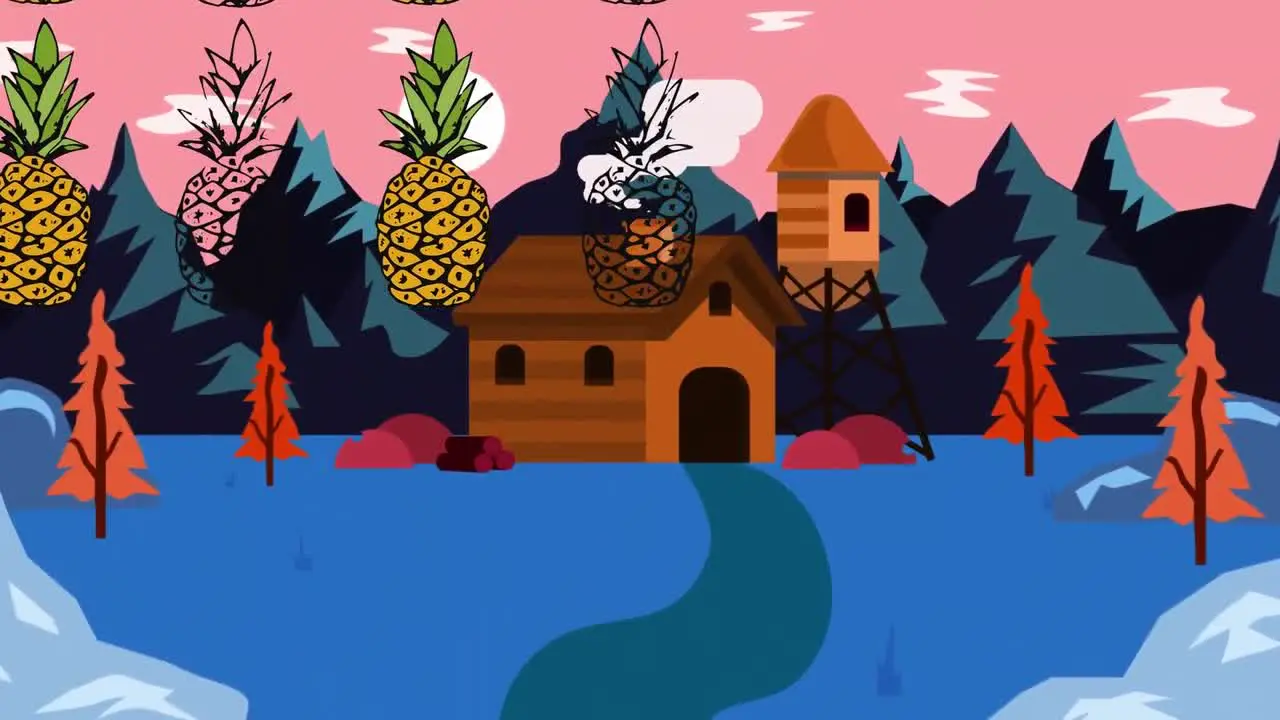 Animation of pineapples over drawing of houses and mountains against cloudy sky