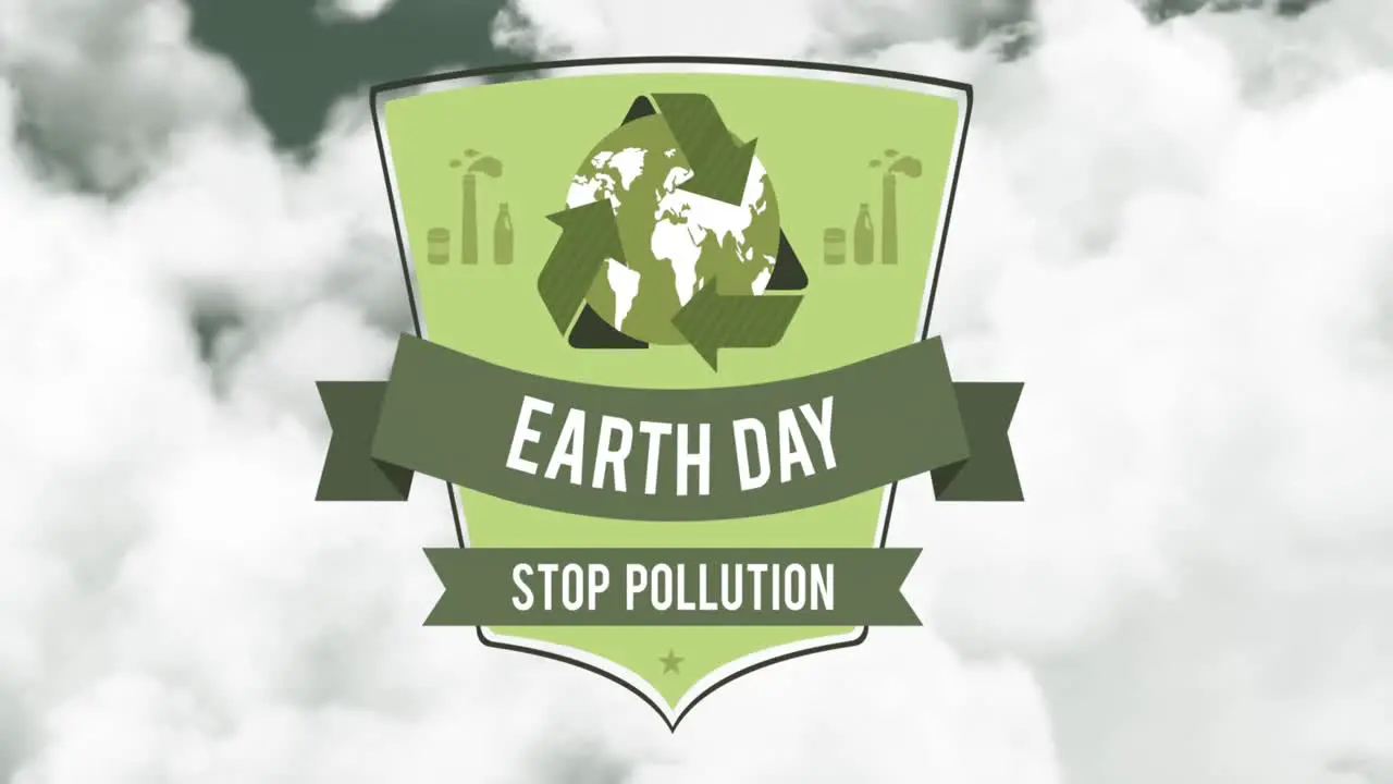 Animation of shield with recycling and earth day on cloudy sky