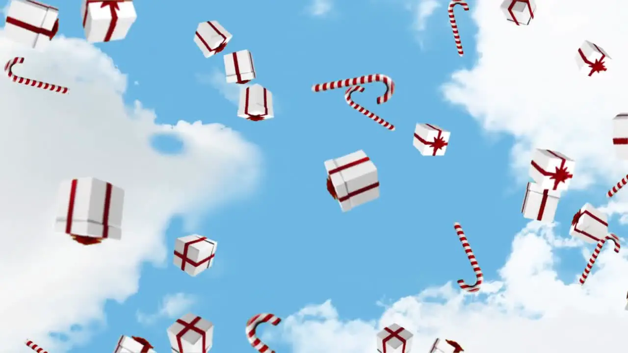 Animation of falling gifts and candy canes over cloudy sky