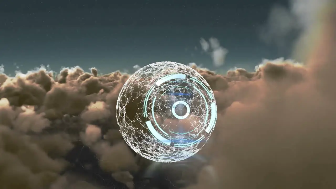 Animation of blue clock and globe over cloudy sky