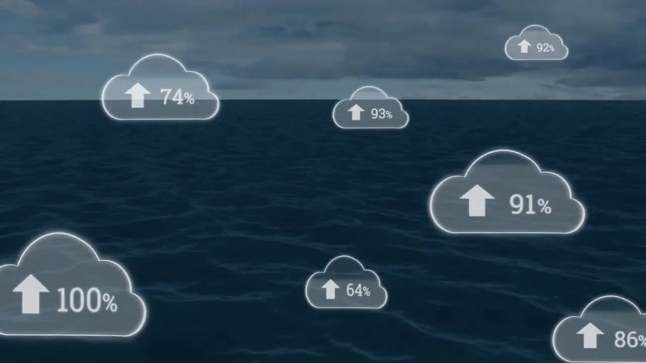 Animation of up arrows and changing numbers in clouds over sea against cloudy sky