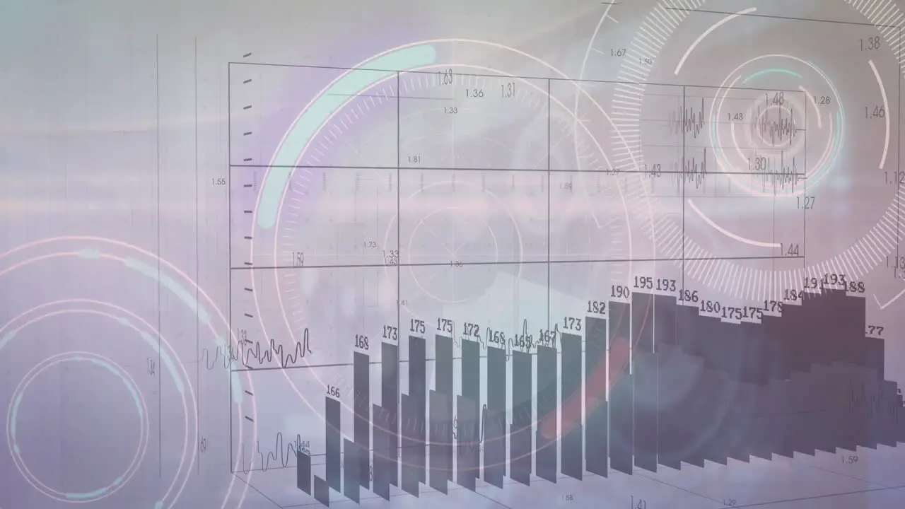 Animation of graphs with numbers loading circles and radar against cloudy sky