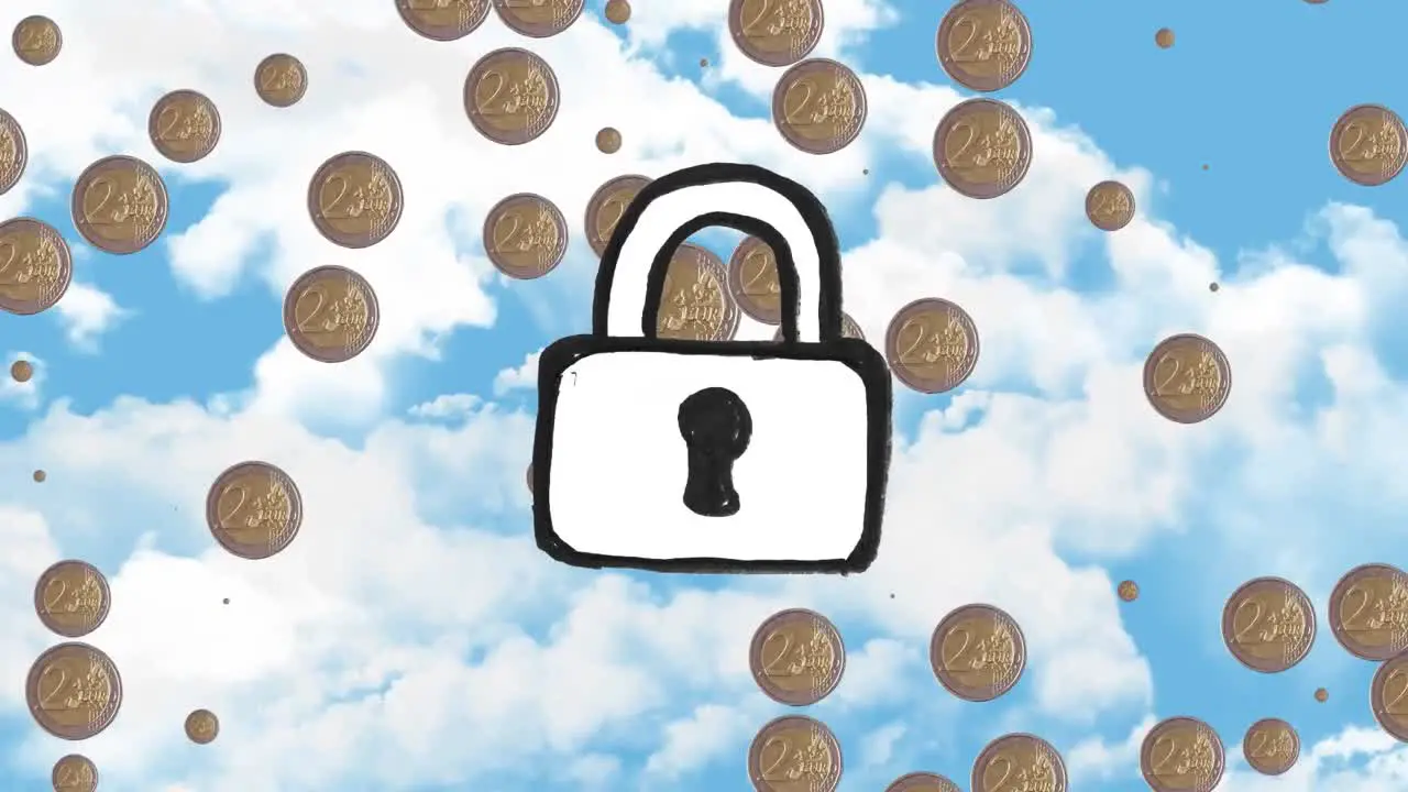 Animation of looping coins and black padlock against cloudy sky