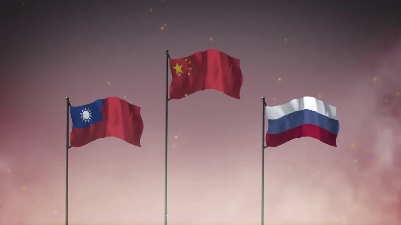 Animation of three flags of taiwan china and russia on poles against cloudy sky at night