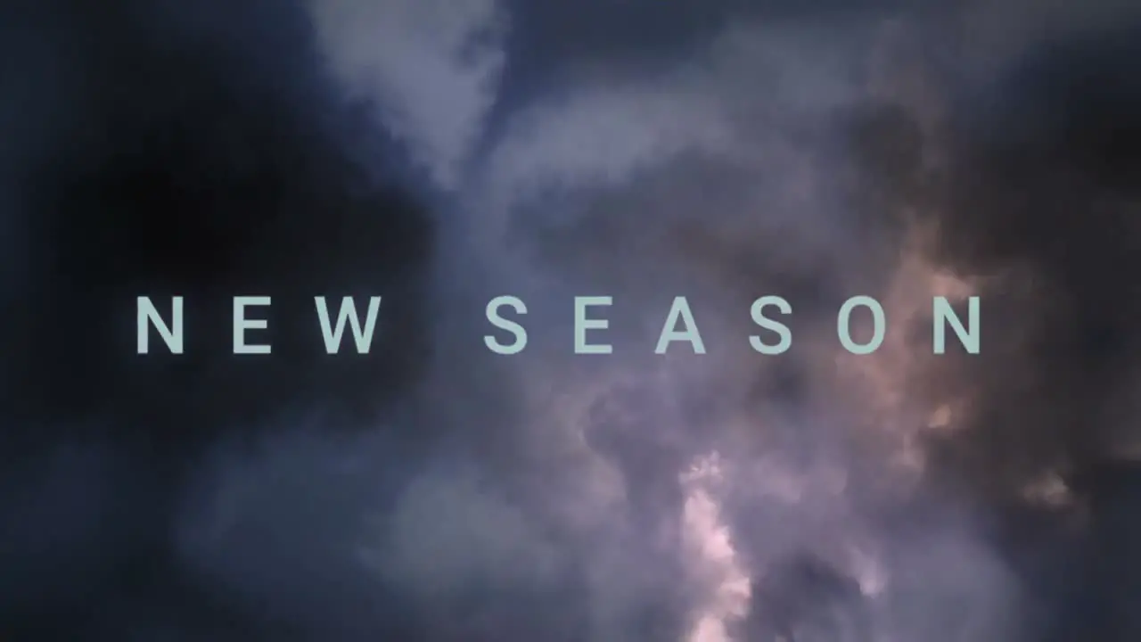 Animation of new season text in blue over lightning in dark cloudy sky