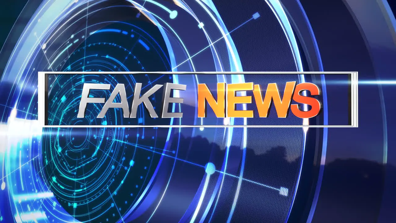 Animation text Fake News and news intro graphic with blue circular shapes in studio