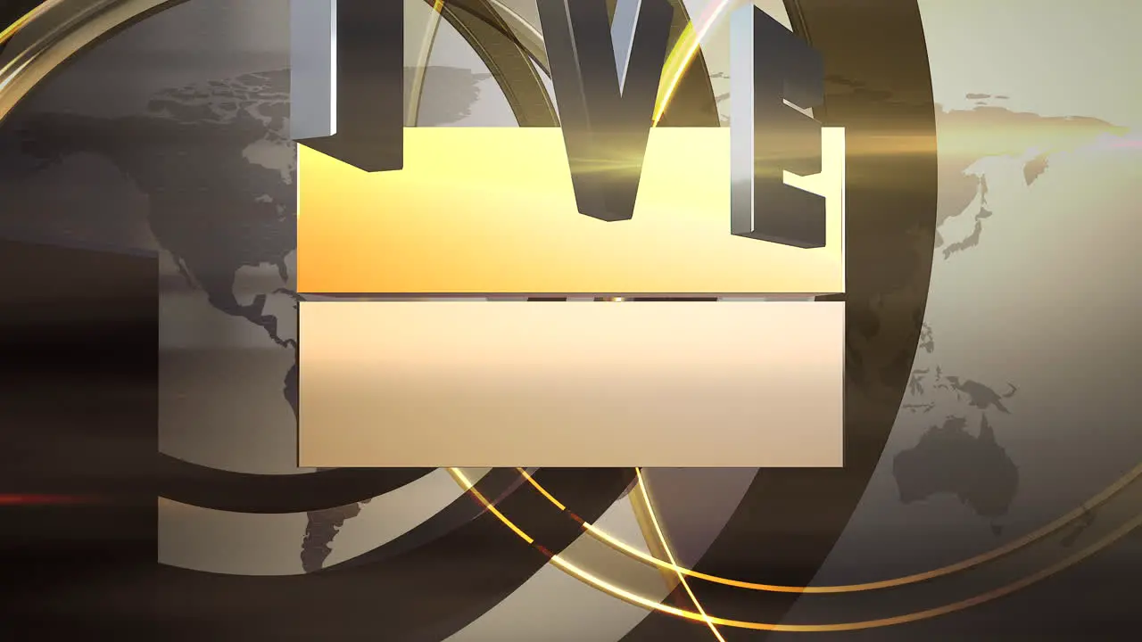 Animation text Live News and news intro graphic with gold lines and circular shapes in studio