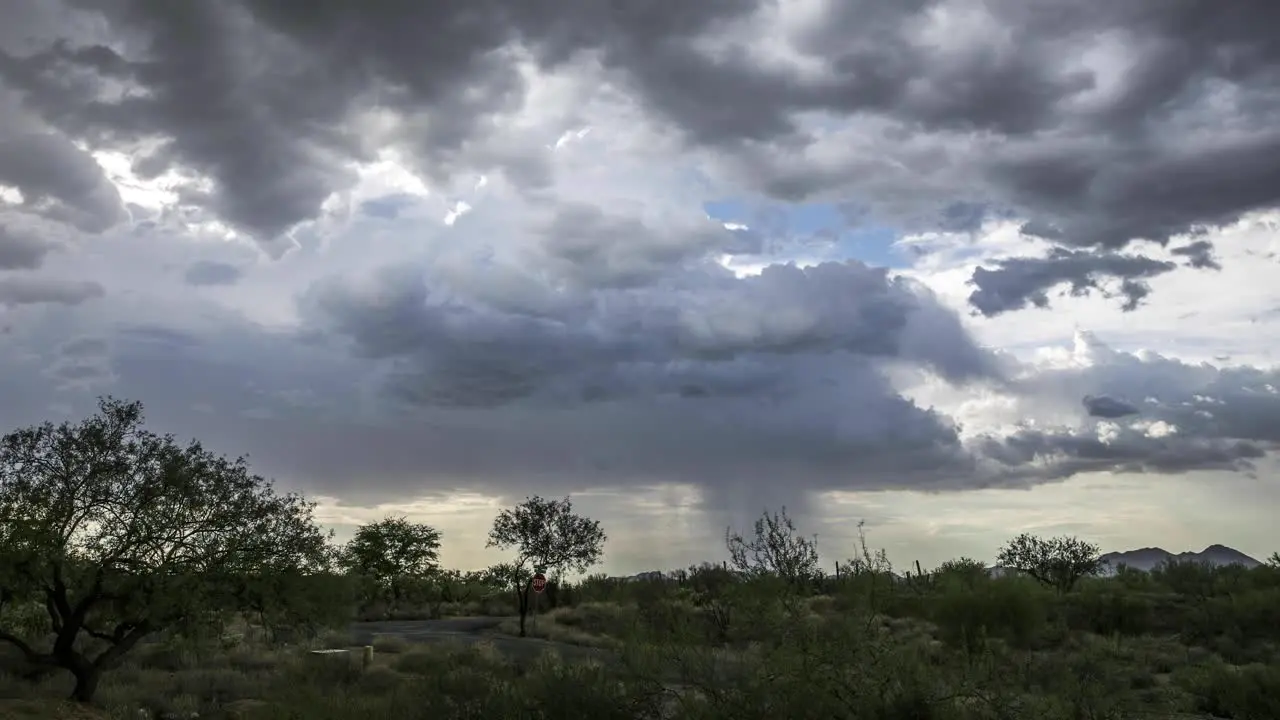 Monsoon clouds march across a desert landscape dropping rain in the distance