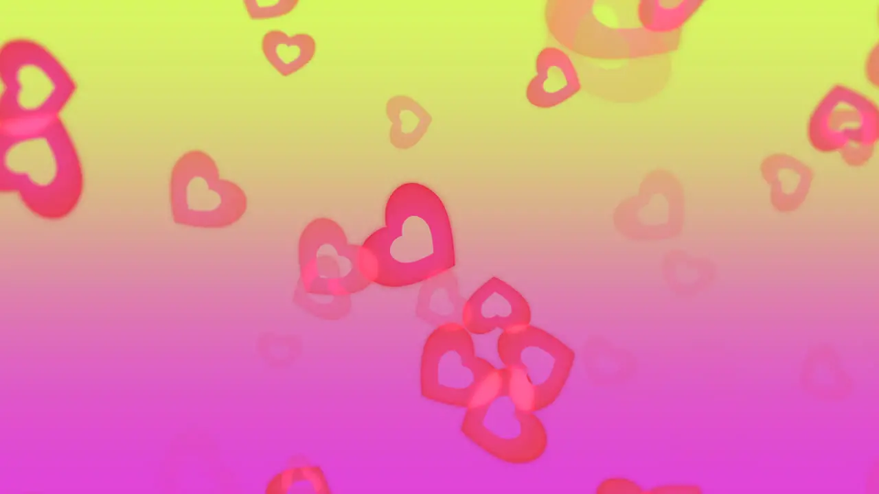 Colorful and playful abstract background with pink and yellow splashes and floating red hearts