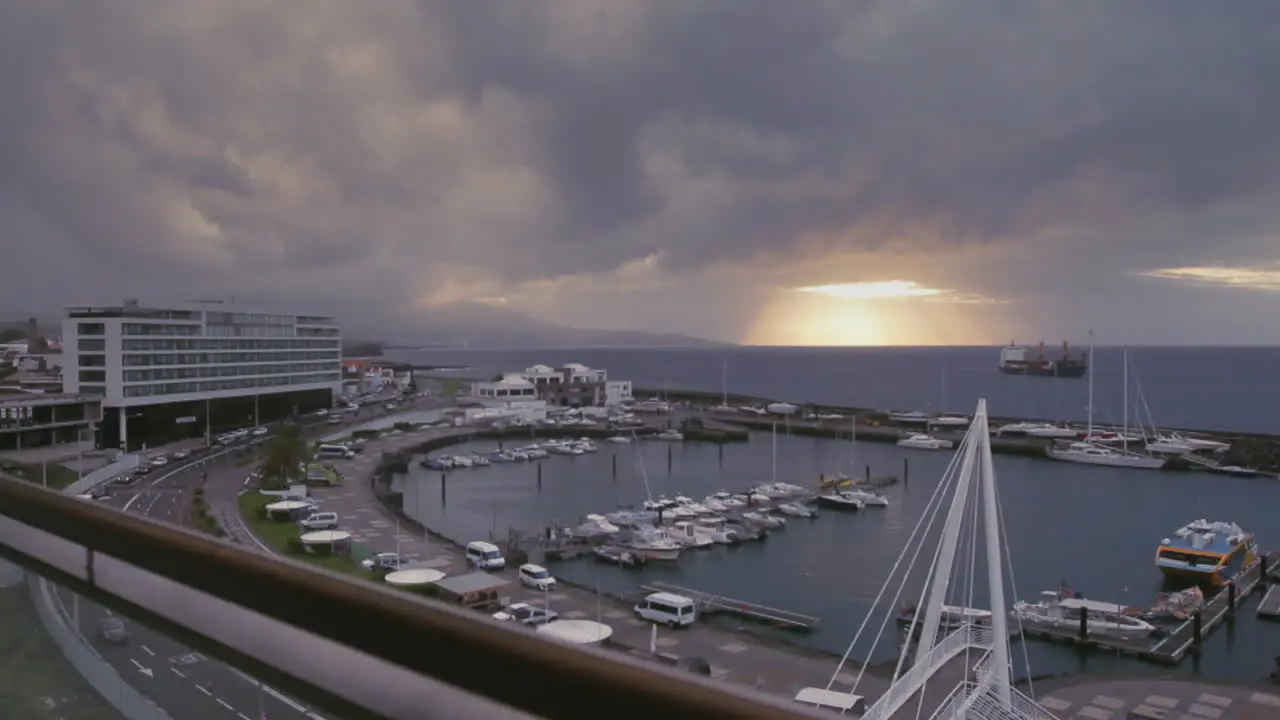 Sunrise view at the sea port and marina of Ponta Delgada on the island of Sao Miguel of the Portuguese Azores