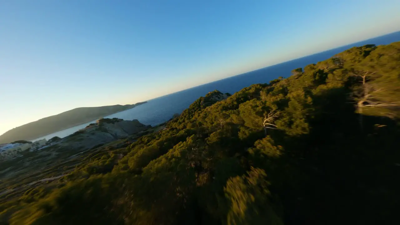 FPV racing drone diving down a forest hill top during golden hour sunset towards the open ocean with amazingly blue skies and stunning view