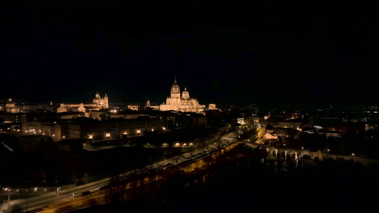 Aerial Shot Of Salamanca Urban Cityscape At Night Time Spain