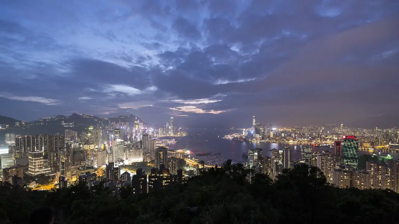 Beautiful Timelapse of Hong Kong City Skyline Victoria Harbor during sunset with bright city lights turning on ships and boats moving in harbor and thick clouds flowing