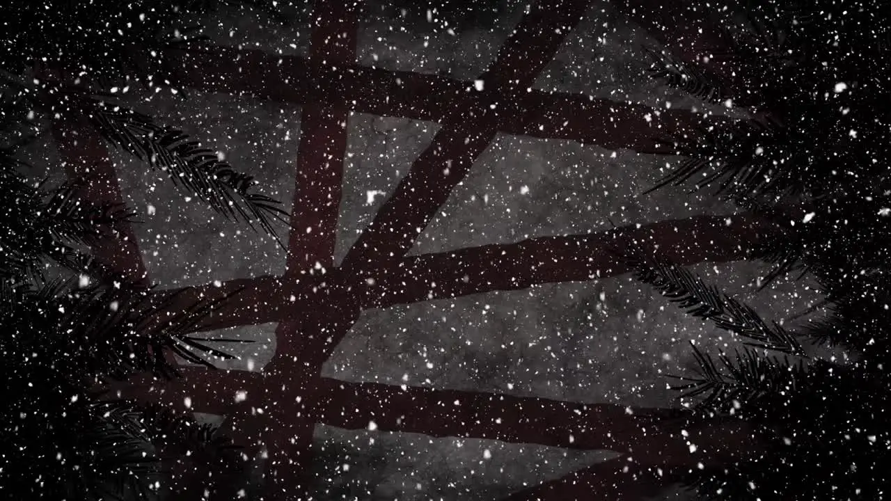 Snow falling against trees in night sky