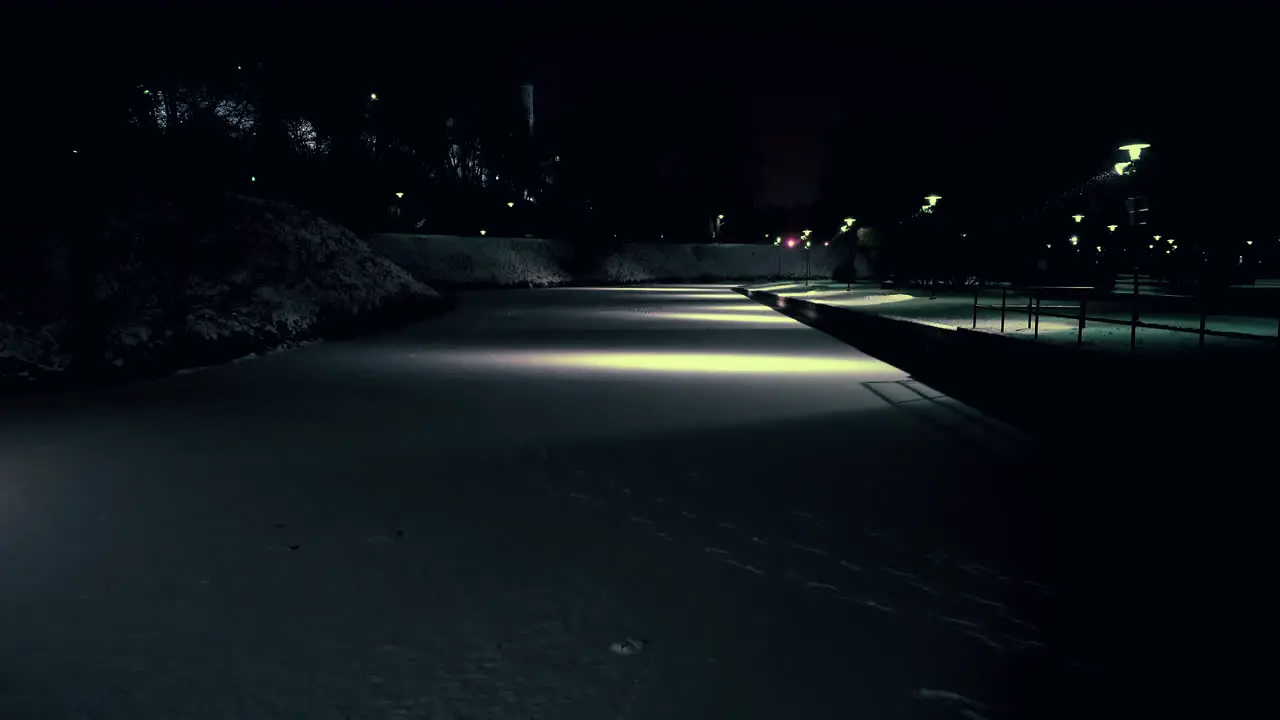 View of frozen pond covered with snow in a city park