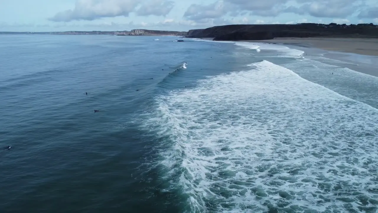 Wave filmed from the side on the beach of La Palue in brittany in france