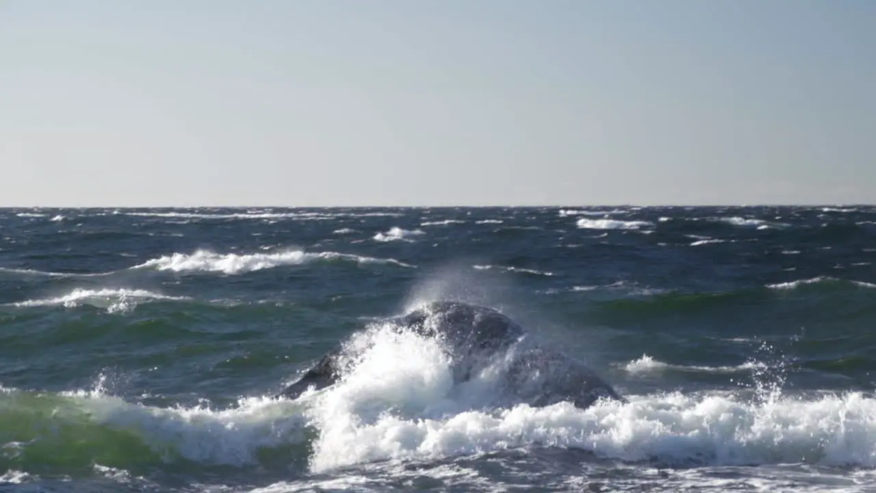 Waves hitting big rock in the sea in slow motion