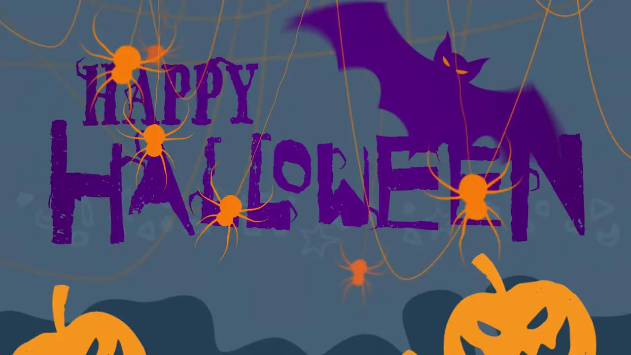 Animation of happy halloween text over spiders and bat