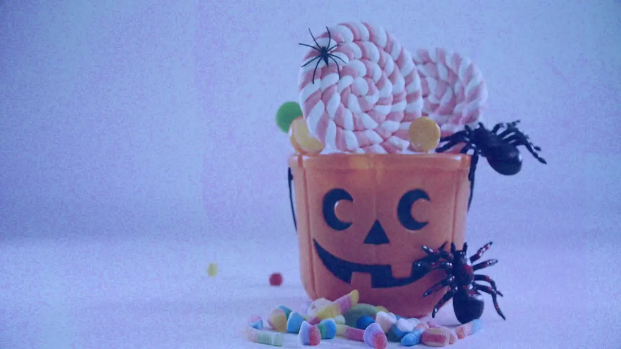 Spiders and candies in halloween scary pumpkin bucket against textured white background