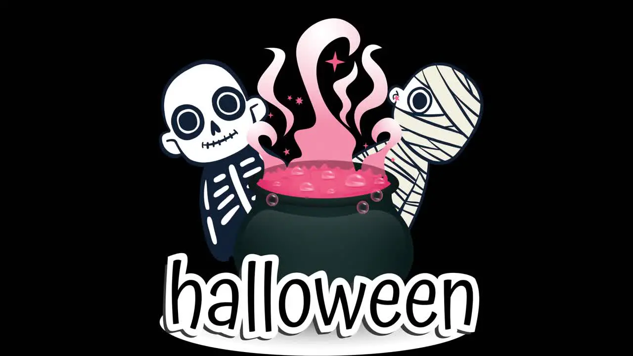 Animation of halloween text over skeleton and mummy