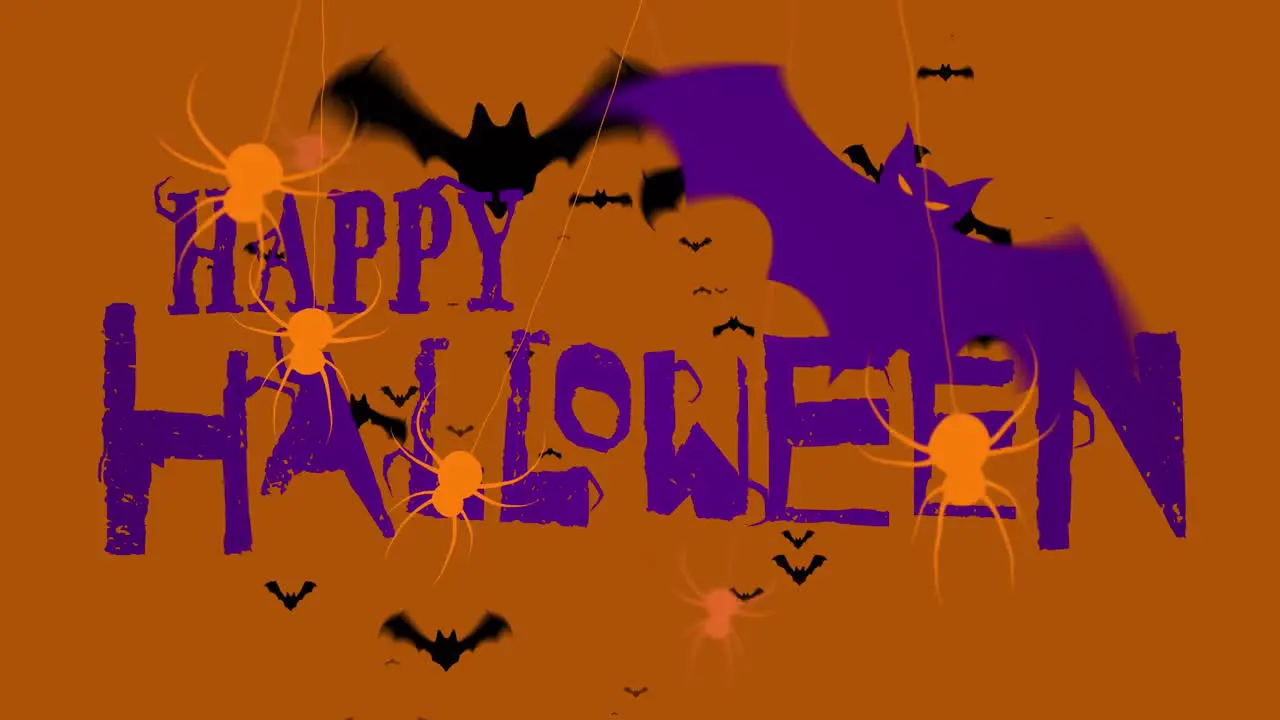 Animation of happy halloween text over bats and spiders