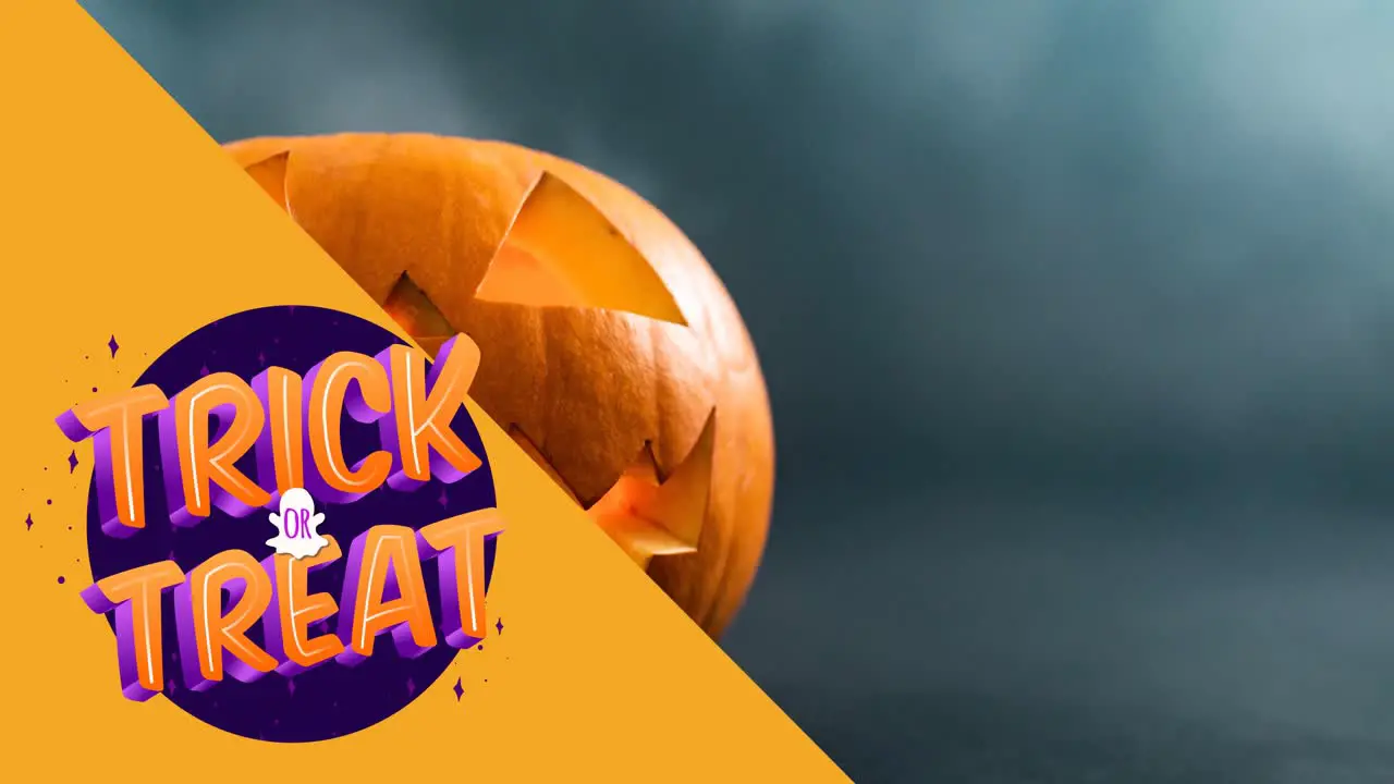 Animation of trick or treat text over pumpkin